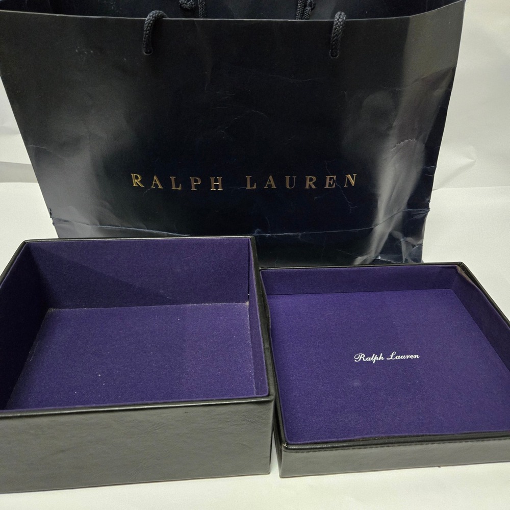 Ralph Lauren Navy Blue Gift Bag and Purple Velvet Lined Black Gift Box Set